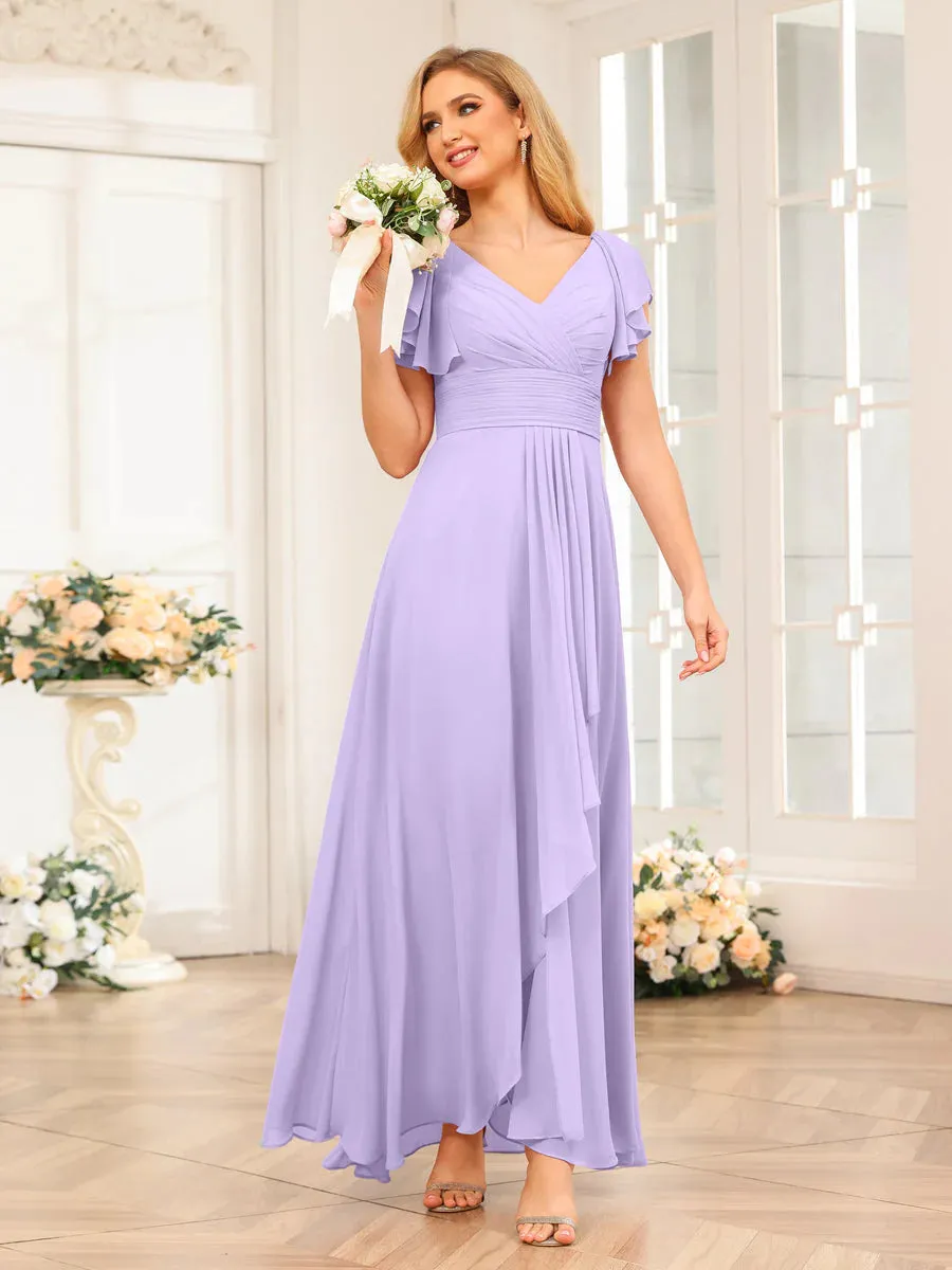 A-Line/Princess V-Neck Long Wedding Party Dresses With Ruffles
