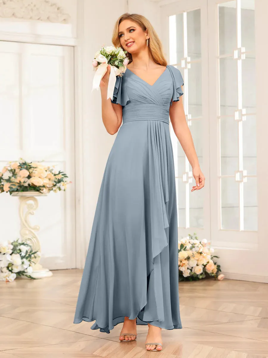 A-Line/Princess V-Neck Long Wedding Party Dresses With Ruffles