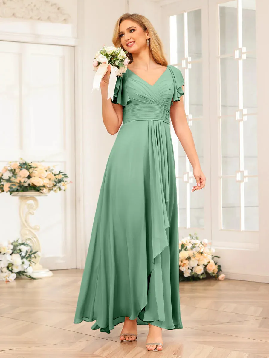 A-Line/Princess V-Neck Long Wedding Party Dresses With Ruffles