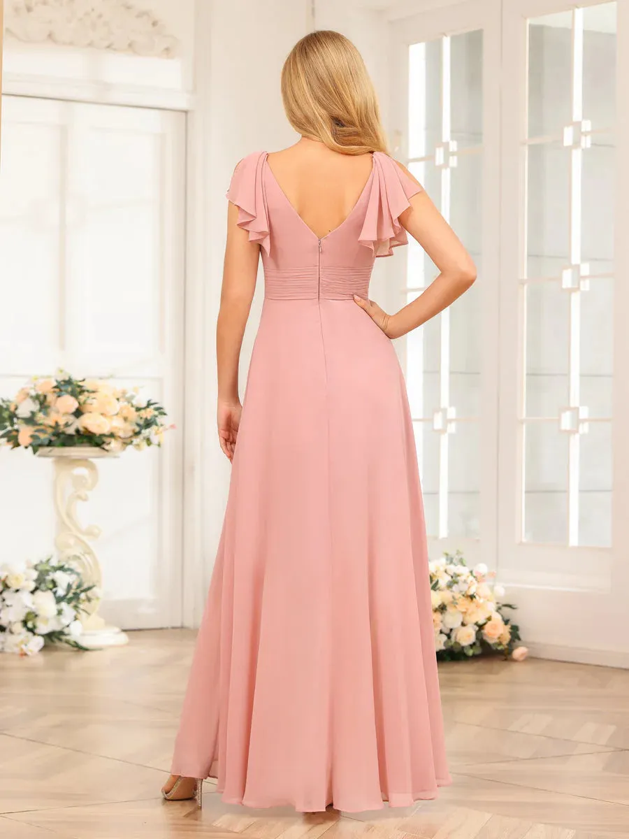 A-Line/Princess V-Neck Long Wedding Party Dresses With Ruffles