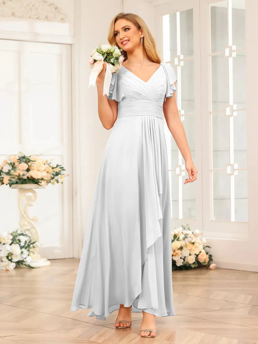 A-Line/Princess V-Neck Long Wedding Party Dresses With Ruffles