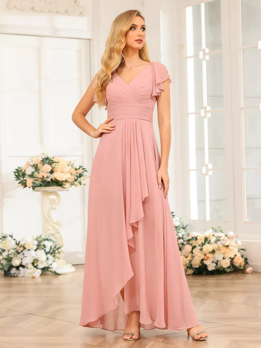 A-Line/Princess V-Neck Long Wedding Party Dresses With Ruffles