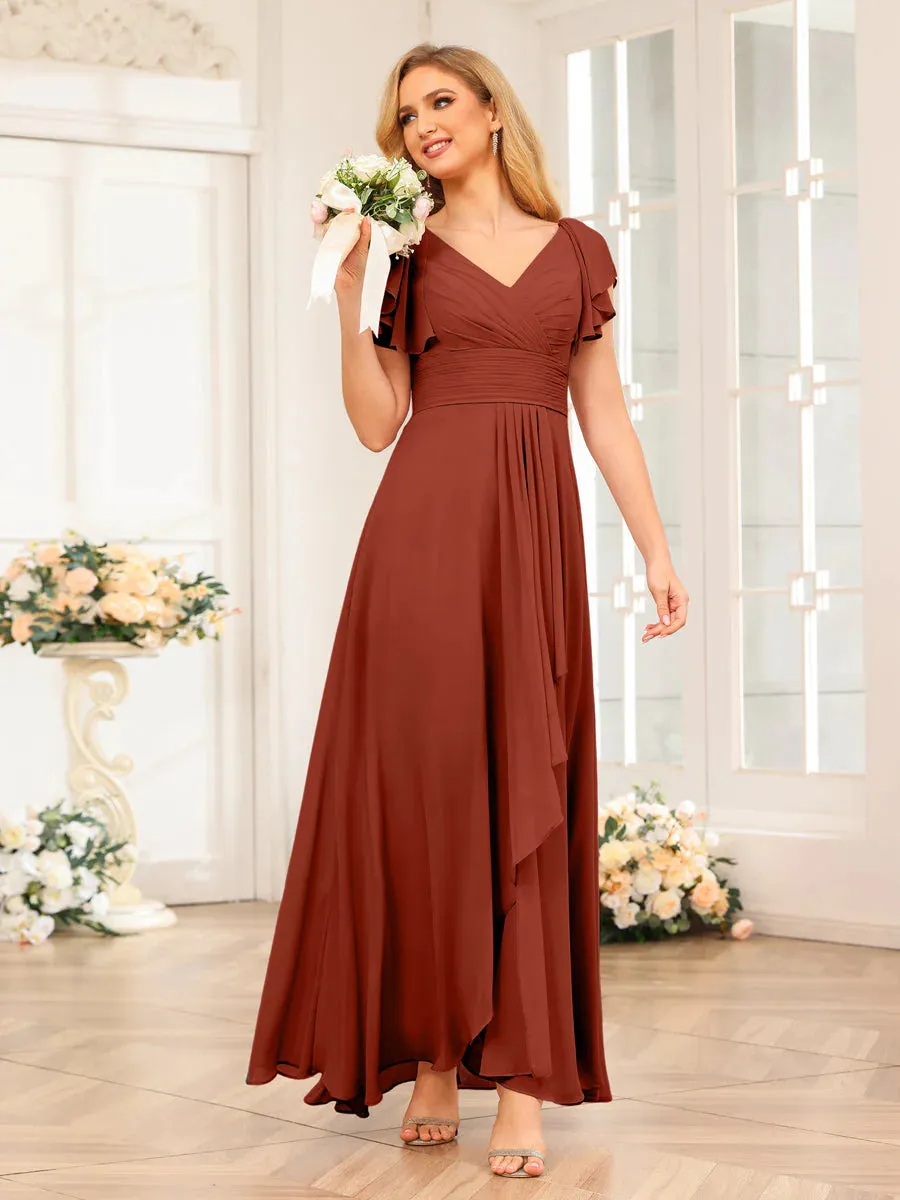 A-Line/Princess V-Neck Long Wedding Party Dresses With Ruffles