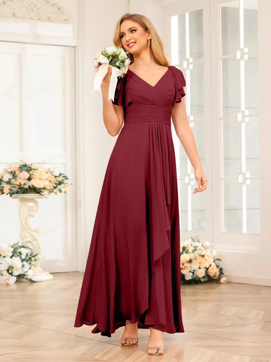 A-Line/Princess V-Neck Long Wedding Party Dresses With Ruffles