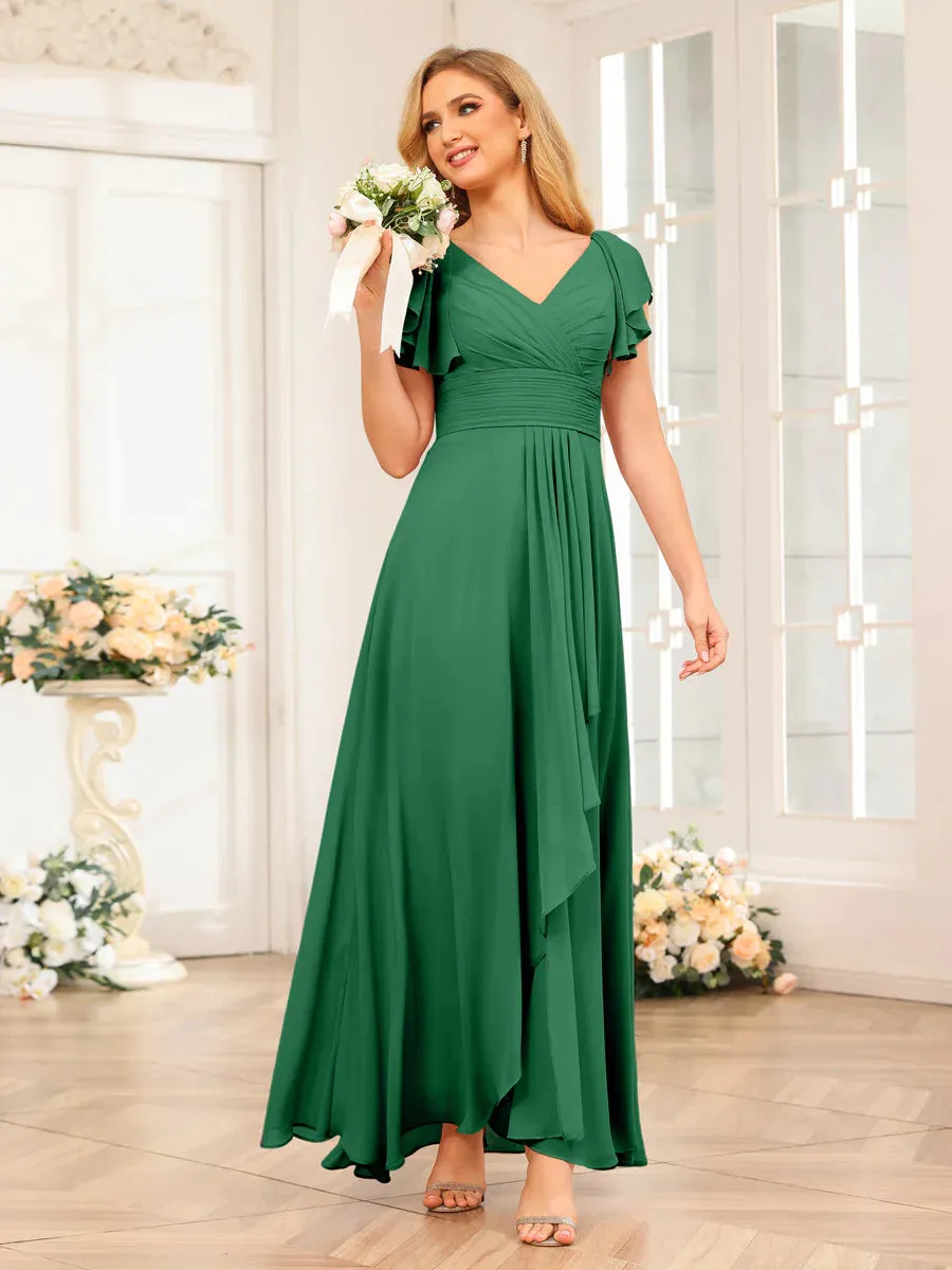 A-Line/Princess V-Neck Long Wedding Party Dresses With Ruffles