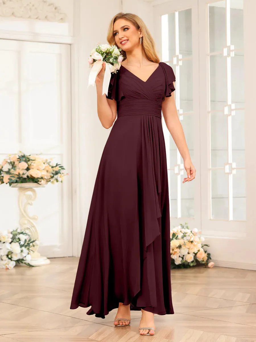A-Line/Princess V-Neck Long Wedding Party Dresses With Ruffles
