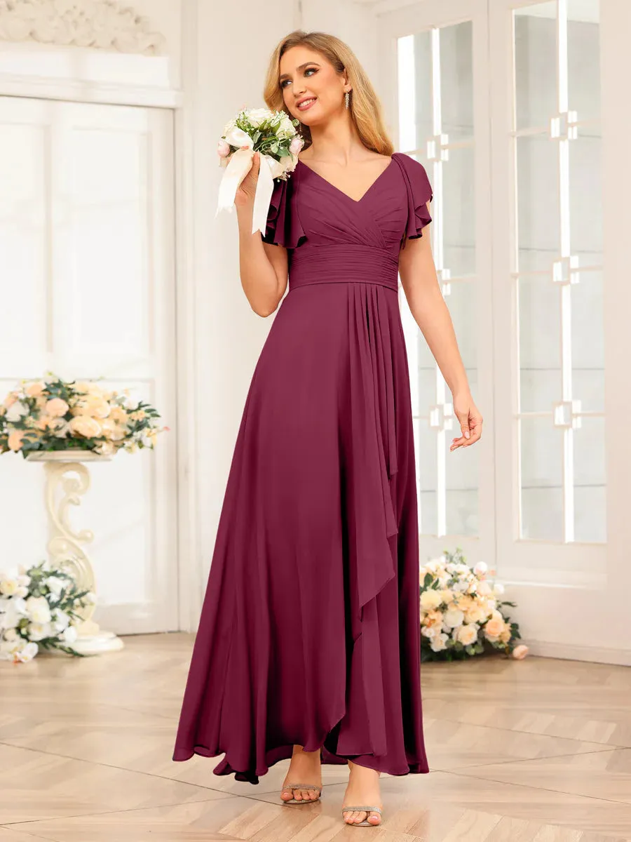 A-Line/Princess V-Neck Long Wedding Party Dresses With Ruffles
