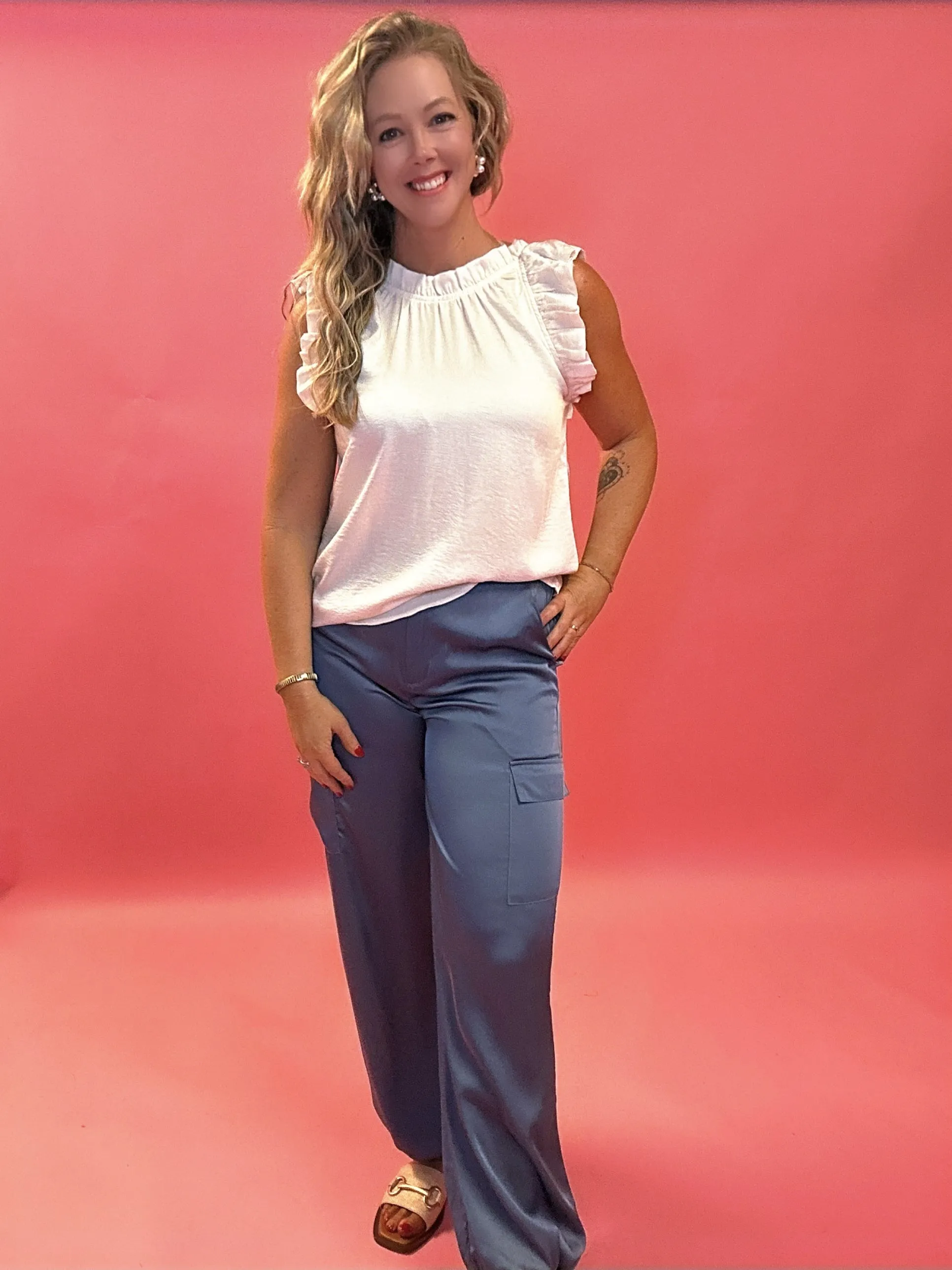 Ariana Ruffle Sleeveless Top in Ivory