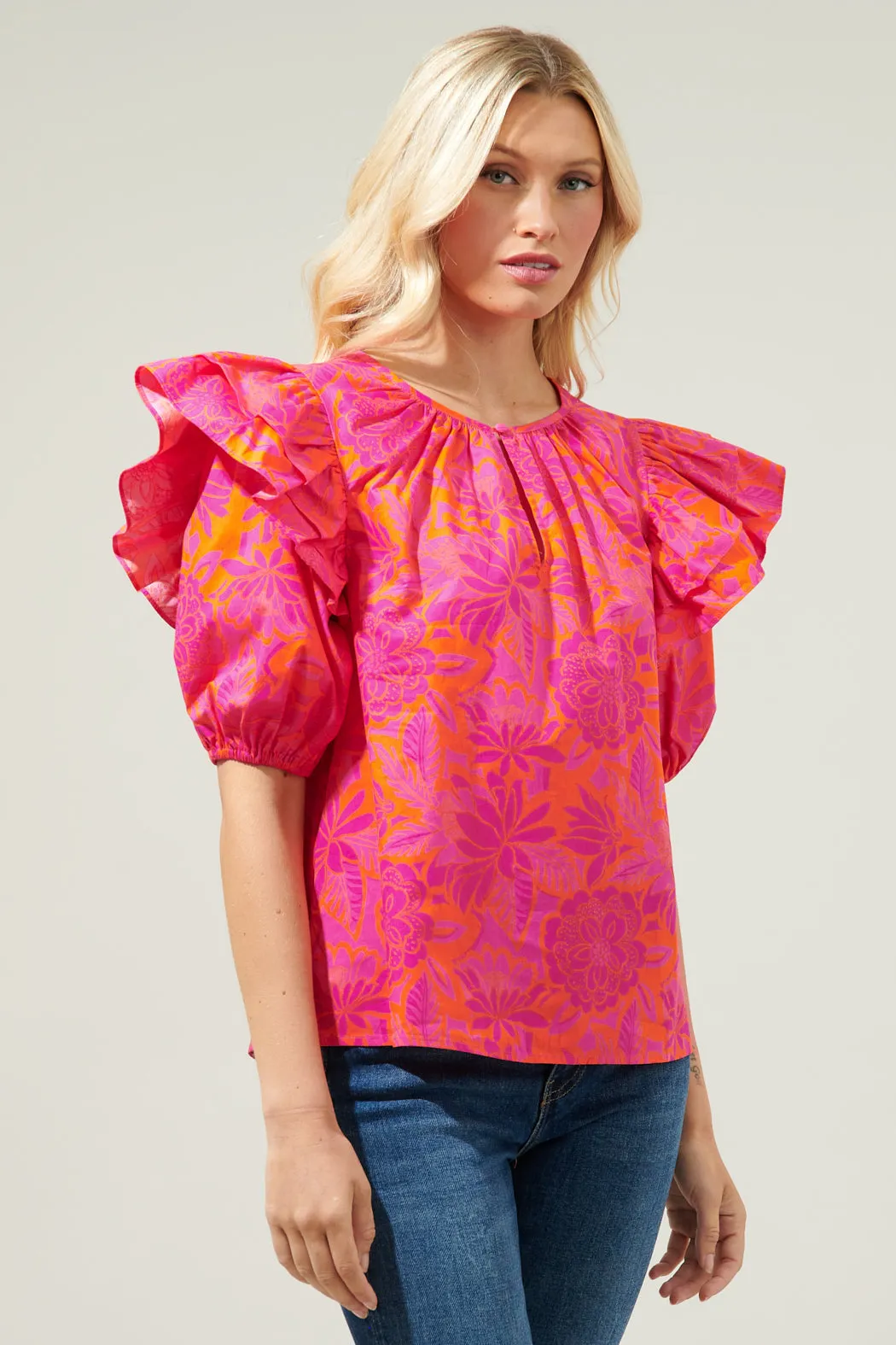 Bali Tropics Flores Poplin Ruffle Short Sleeve Top