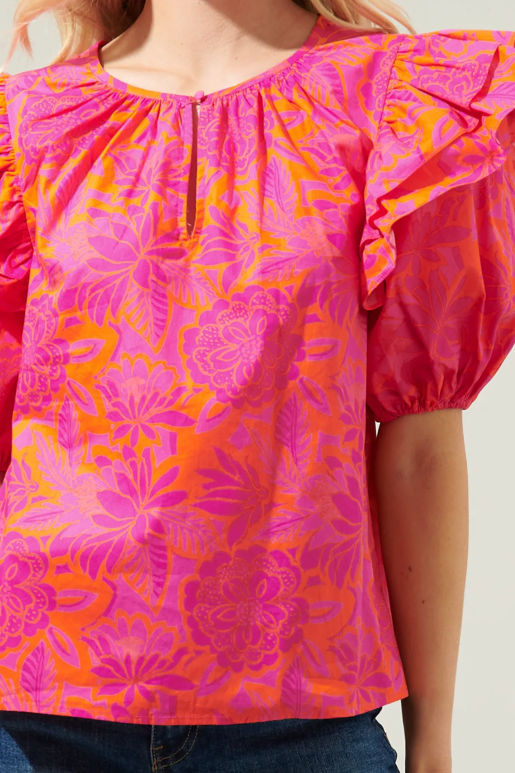 Bali Tropics Flores Poplin Ruffle Short Sleeve Top