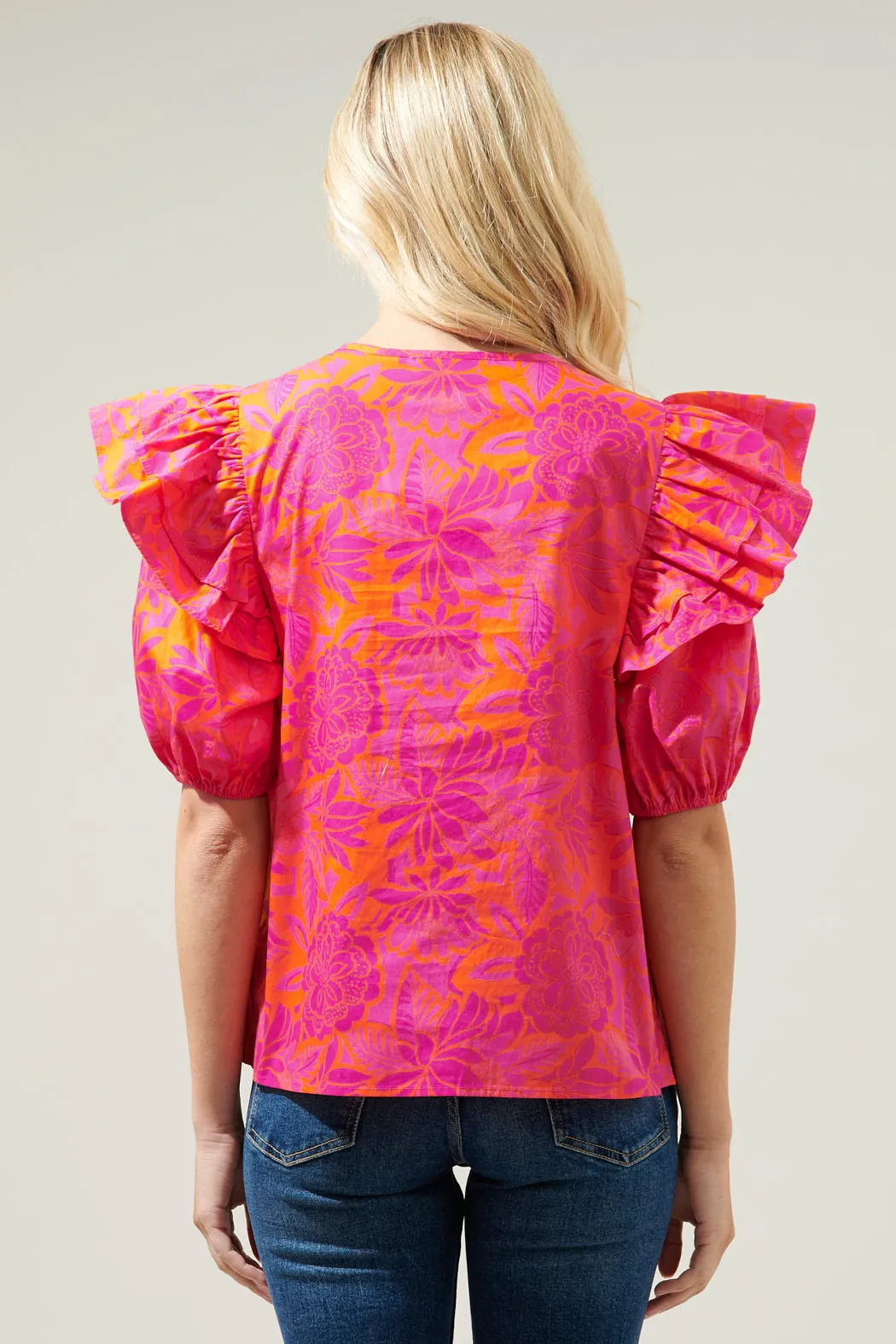 Bali Tropics Flores Poplin Ruffle Short Sleeve Top