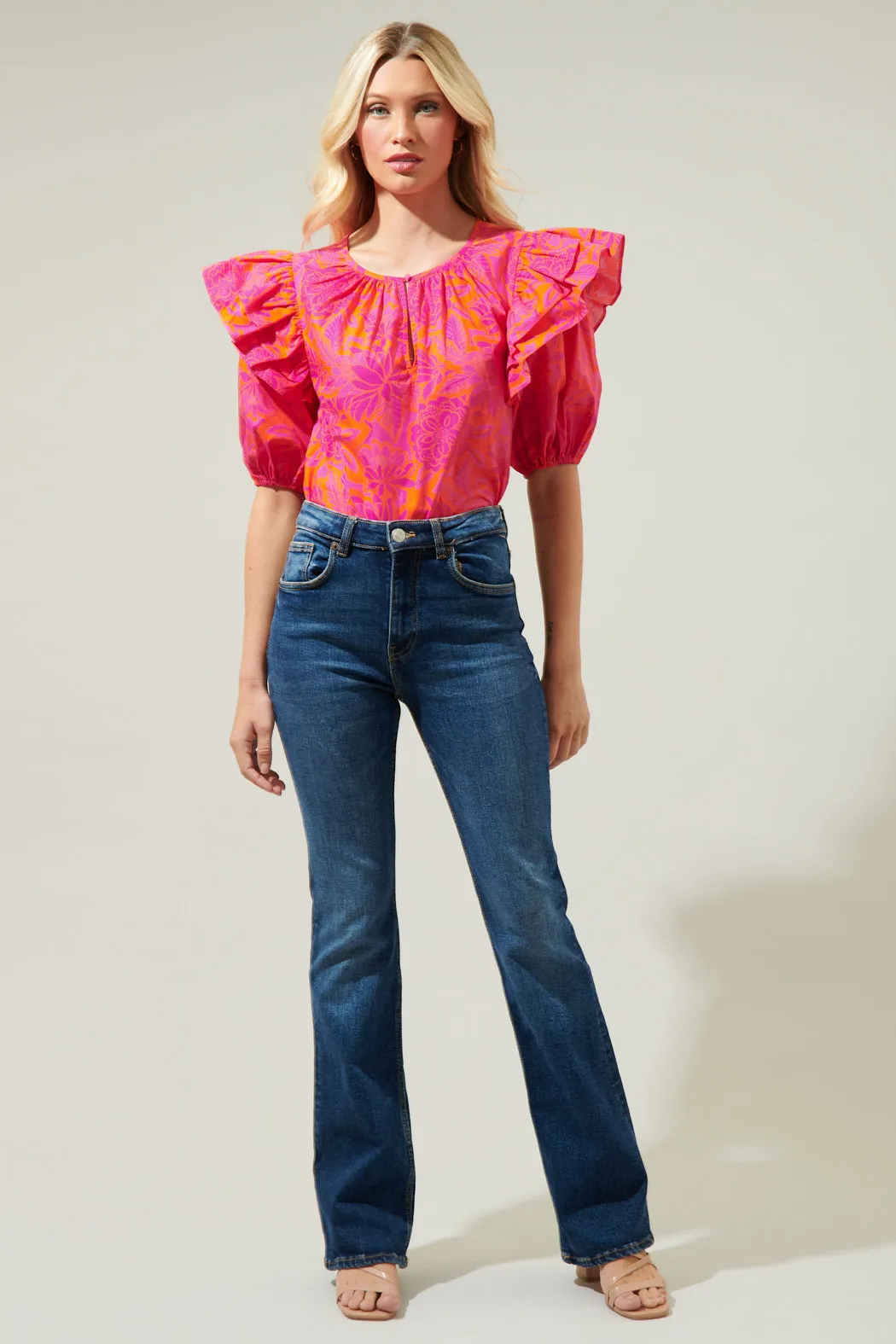 Bali Tropics Flores Poplin Ruffle Short Sleeve Top