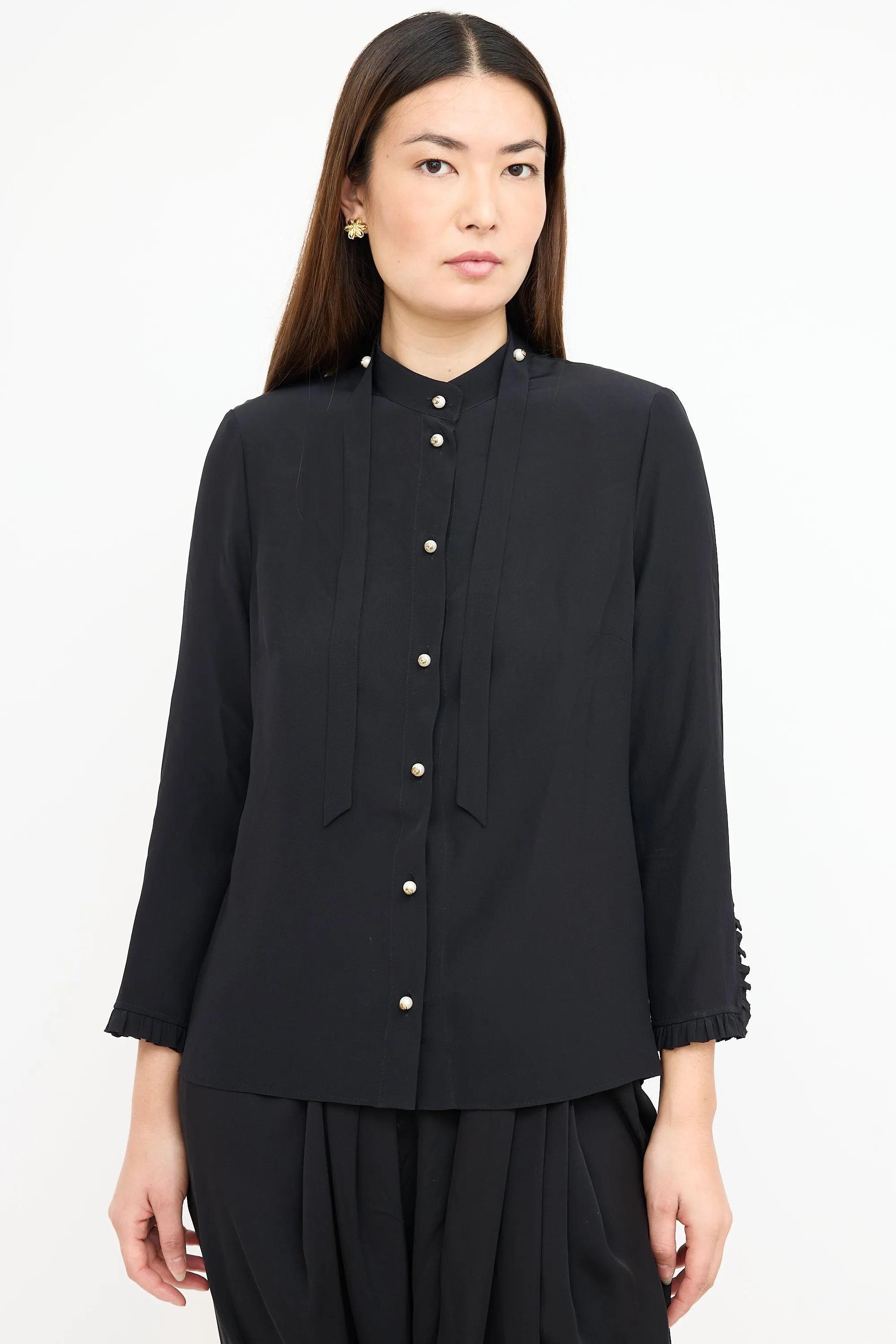 Black GG Pearl Tie Neck Blouse