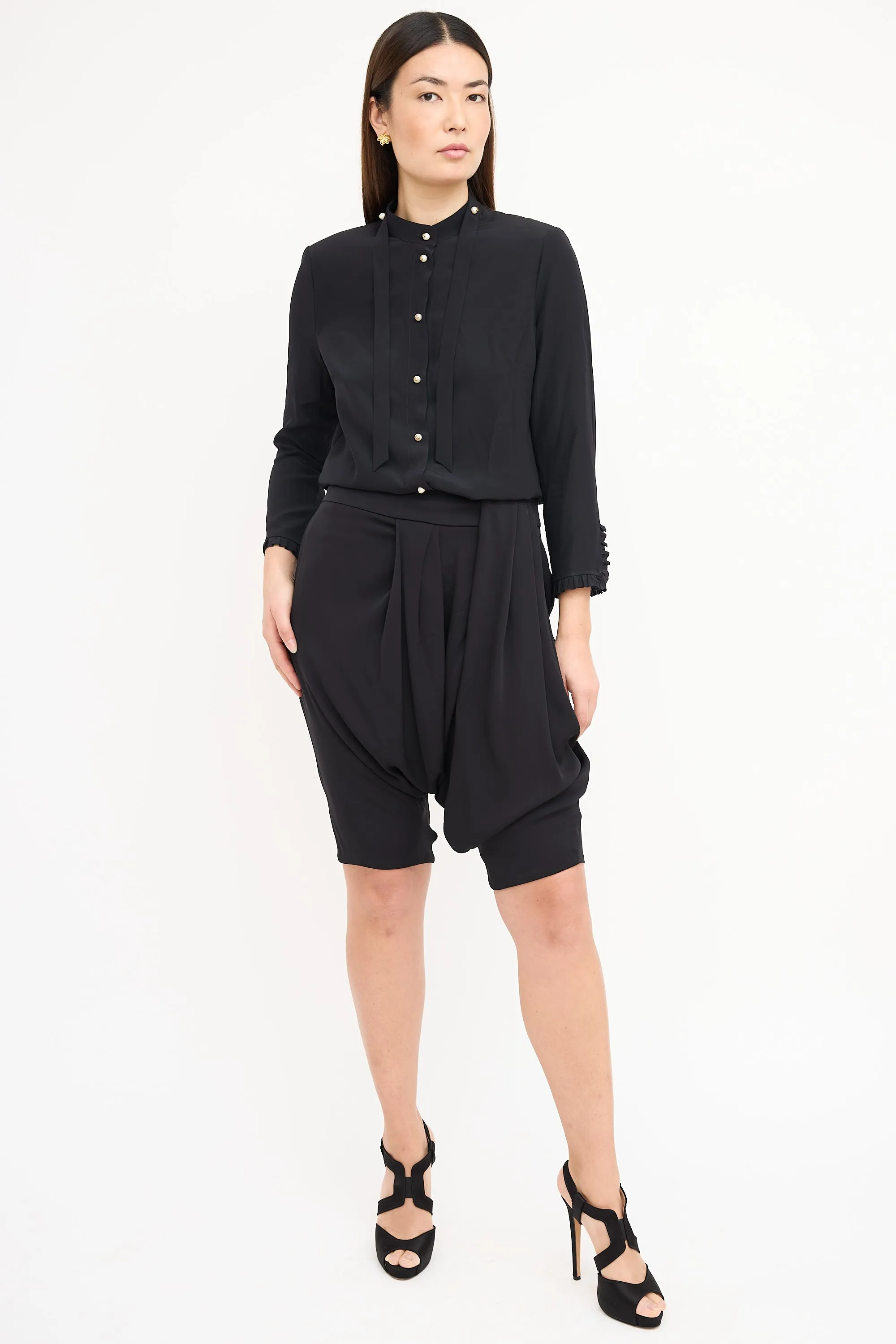 Black GG Pearl Tie Neck Blouse