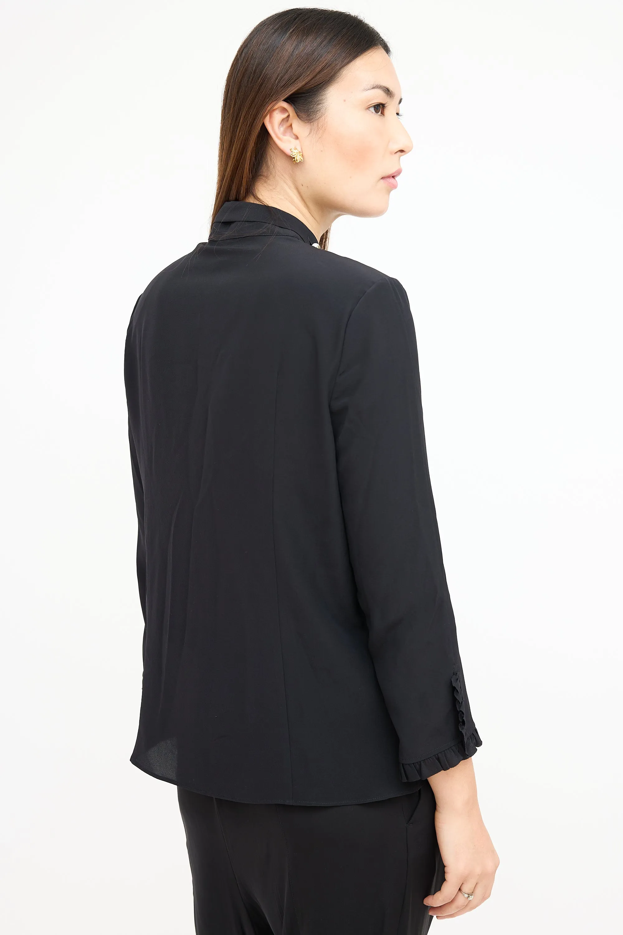 Black GG Pearl Tie Neck Blouse