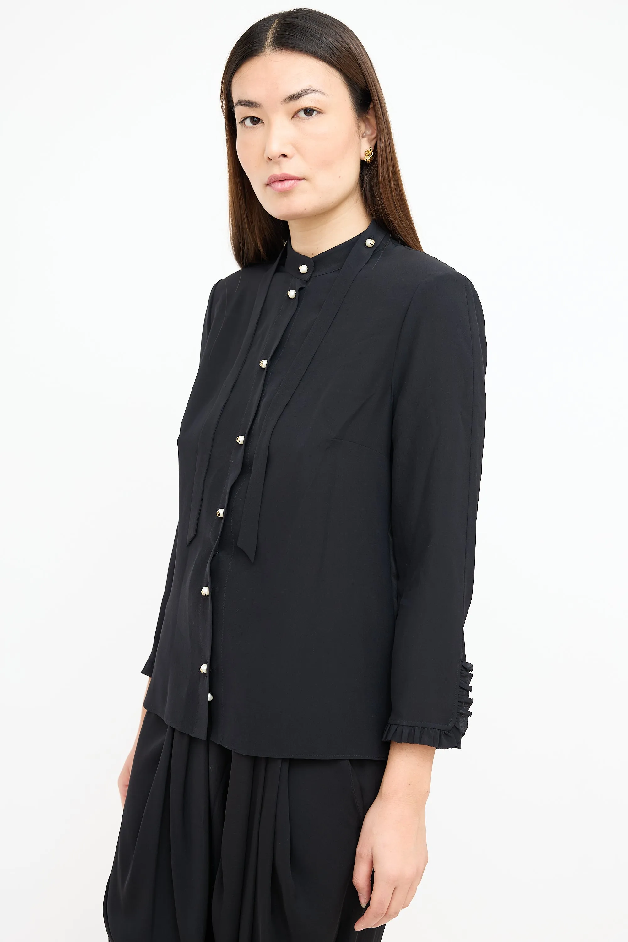 Black GG Pearl Tie Neck Blouse