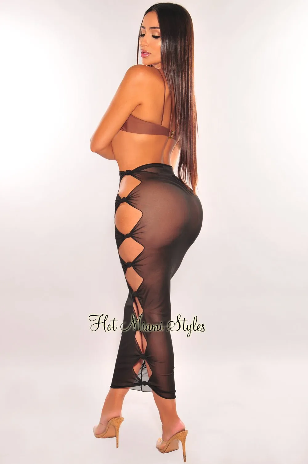 Black Sheer Mesh Knotted Skirt Cover Up