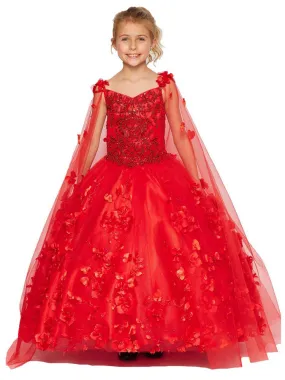 Bliss Big Girls Red 3D Stone Pearl Sweetheart Floral Cape Ball Gown 8-16