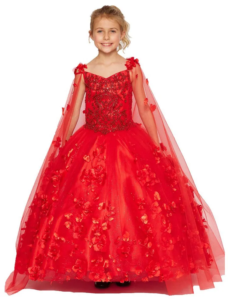Bliss Big Girls Red 3D Stone Pearl Sweetheart Floral Cape Ball Gown 8-16