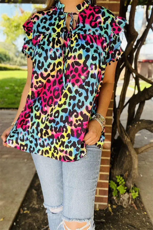 BQ15644 Multi color leopard printed double ruffle/black pompom short sleeve women tops