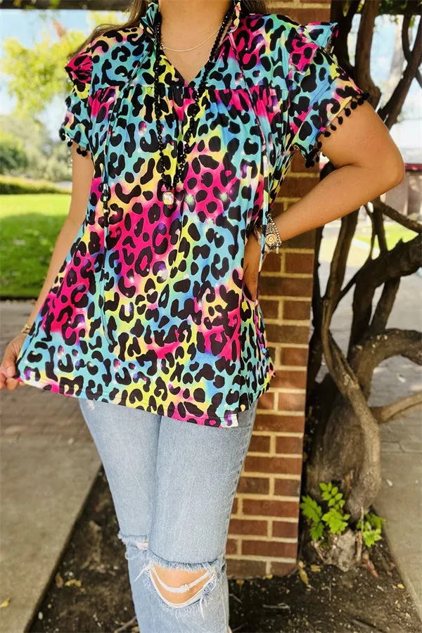 BQ15644 Multi color leopard printed double ruffle/black pompom short sleeve women tops