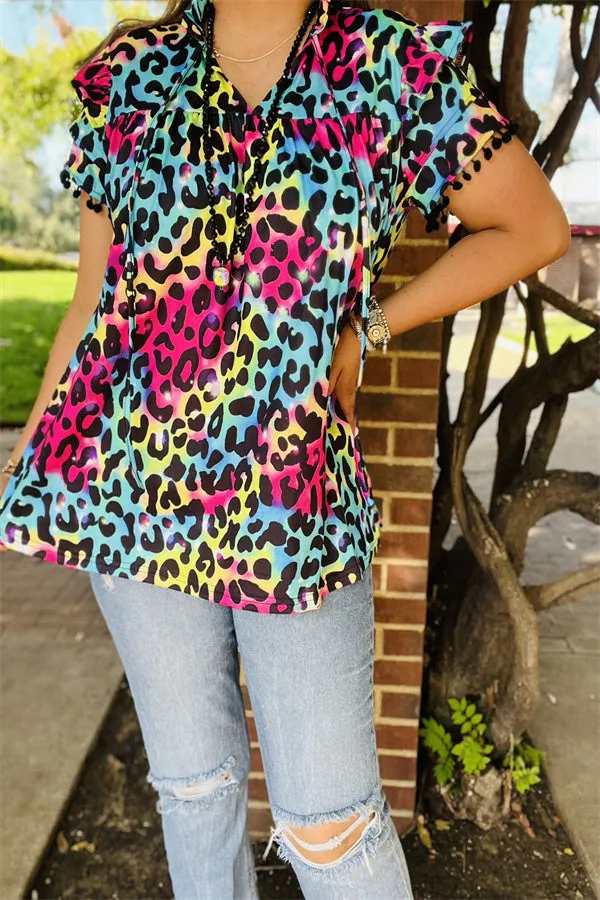 BQ15644 Multi color leopard printed double ruffle/black pompom short sleeve women tops