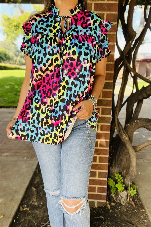 BQ15644 Multi color leopard printed double ruffle/black pompom short sleeve women tops