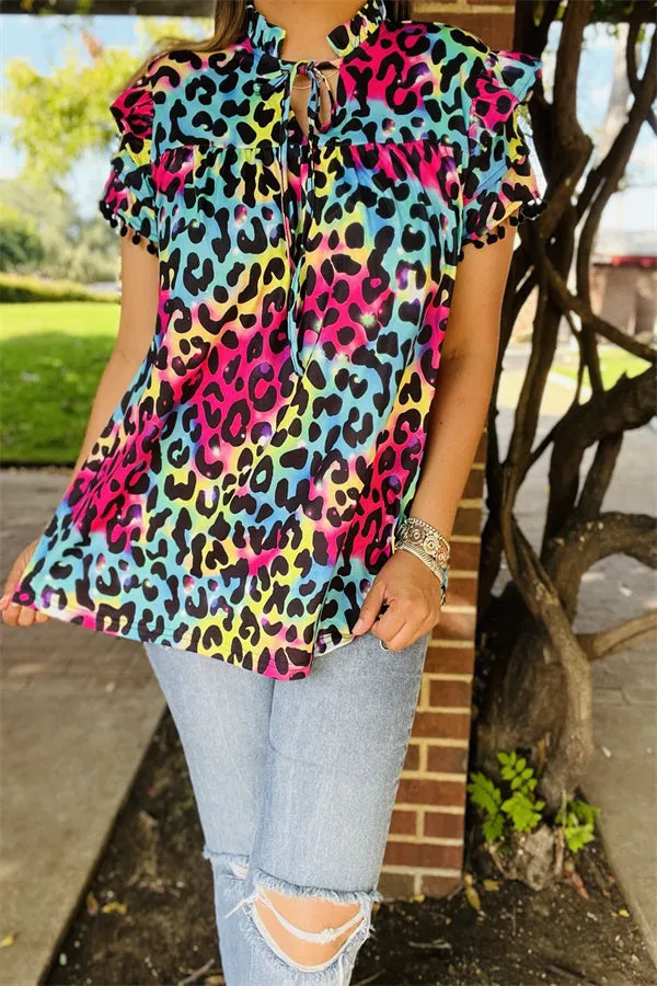 BQ15644 Multi color leopard printed double ruffle/black pompom short sleeve women tops