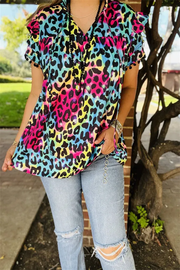 BQ15644 Multi color leopard printed double ruffle/black pompom short sleeve women tops