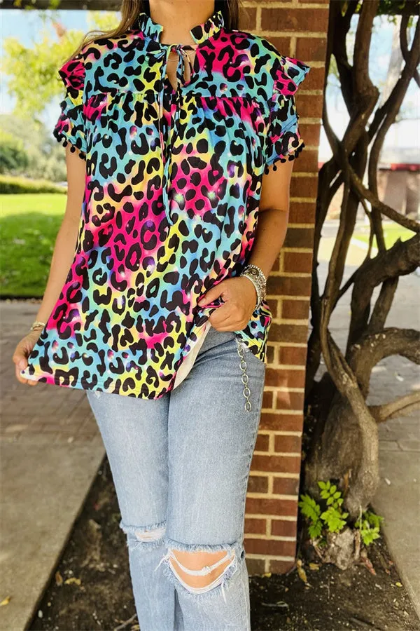 BQ15644 Multi color leopard printed double ruffle/black pompom short sleeve women tops