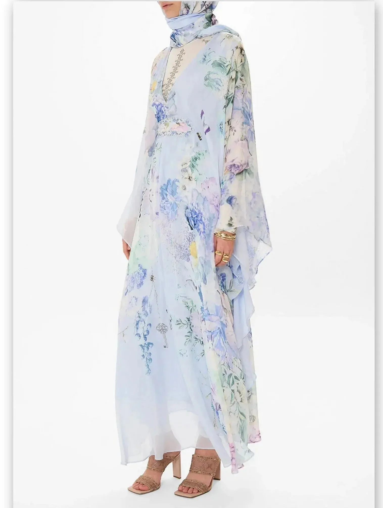 Butterfly and Floral Printed Long Light Blue Kaftan Dress with Waist Detail