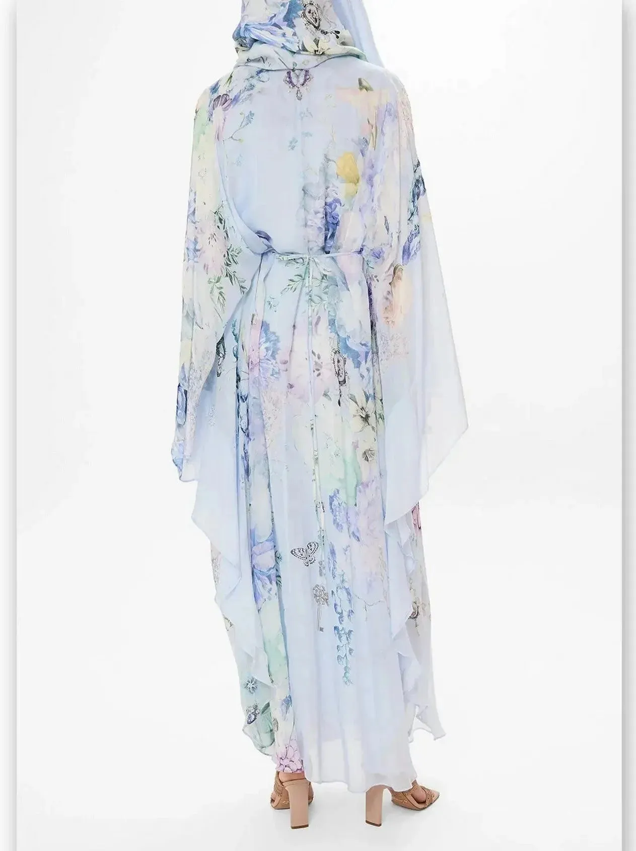 Butterfly and Floral Printed Long Light Blue Kaftan Dress with Waist Detail