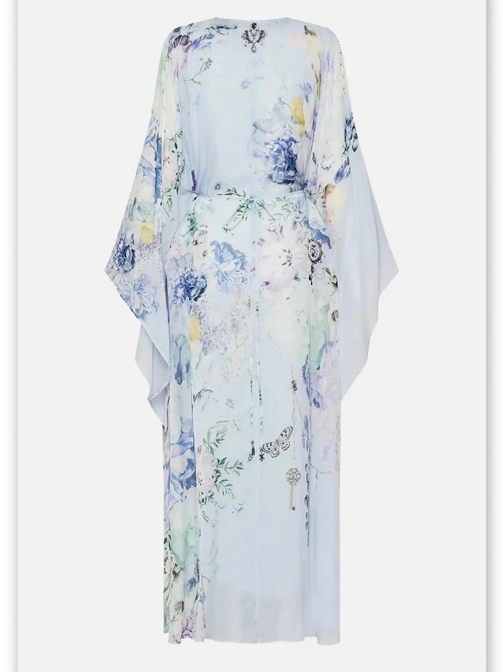 Butterfly and Floral Printed Long Light Blue Kaftan Dress with Waist Detail