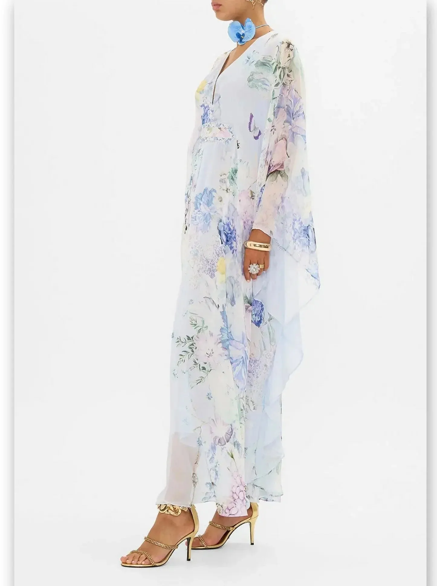Butterfly and Floral Printed Long Light Blue Kaftan Dress with Waist Detail