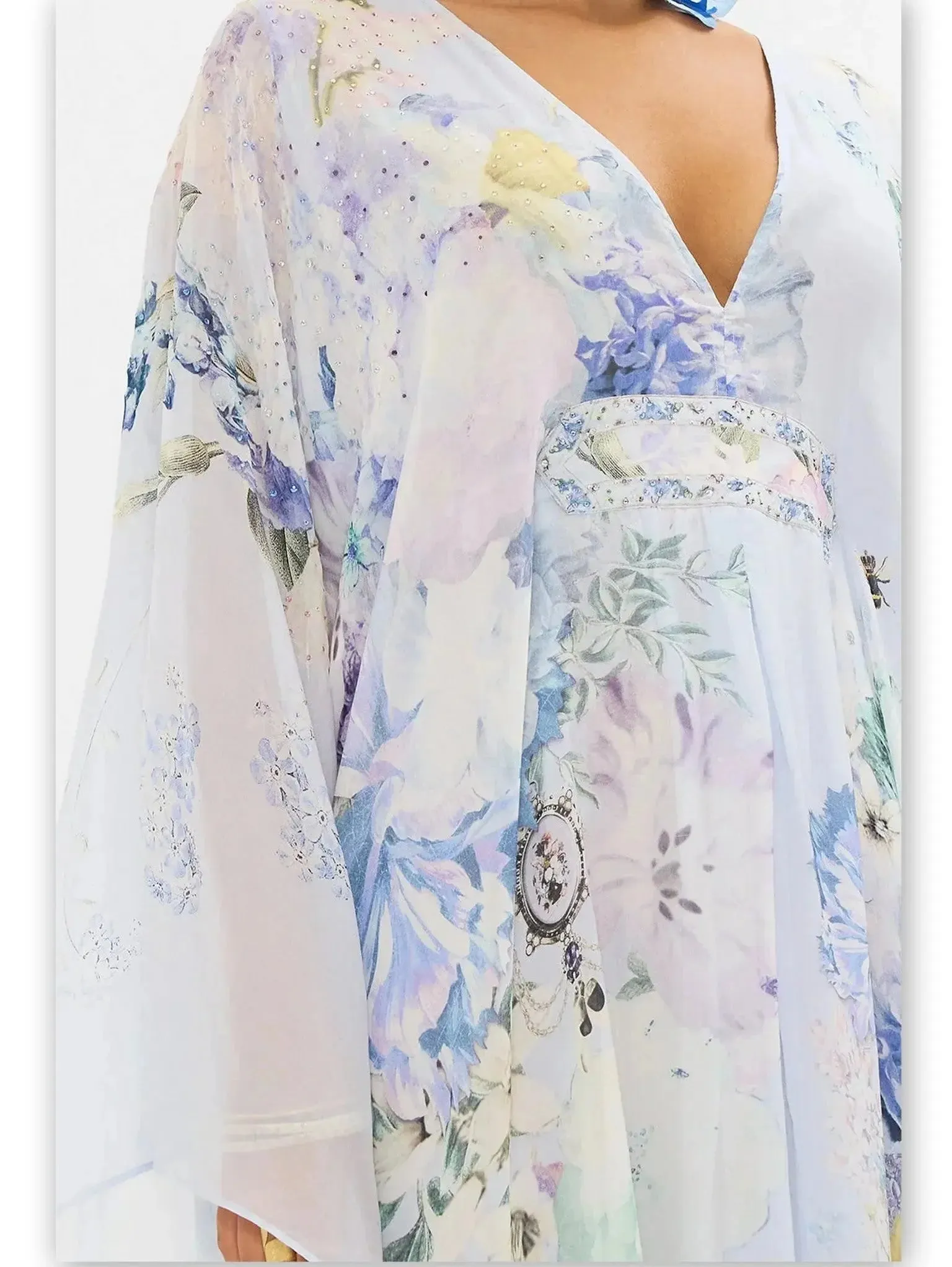 Butterfly and Floral Printed Long Light Blue Kaftan Dress with Waist Detail