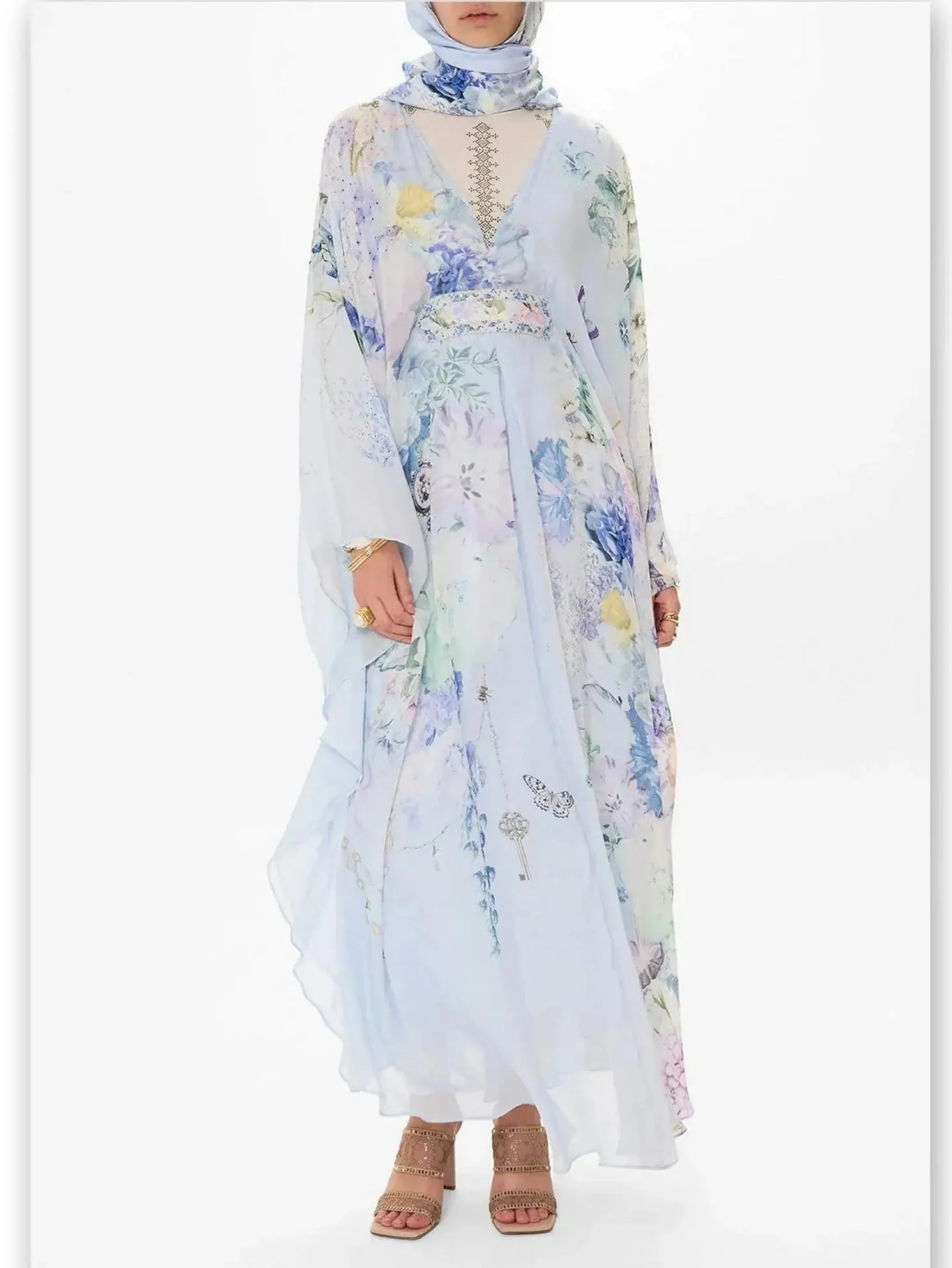 Butterfly and Floral Printed Long Light Blue Kaftan Dress with Waist Detail