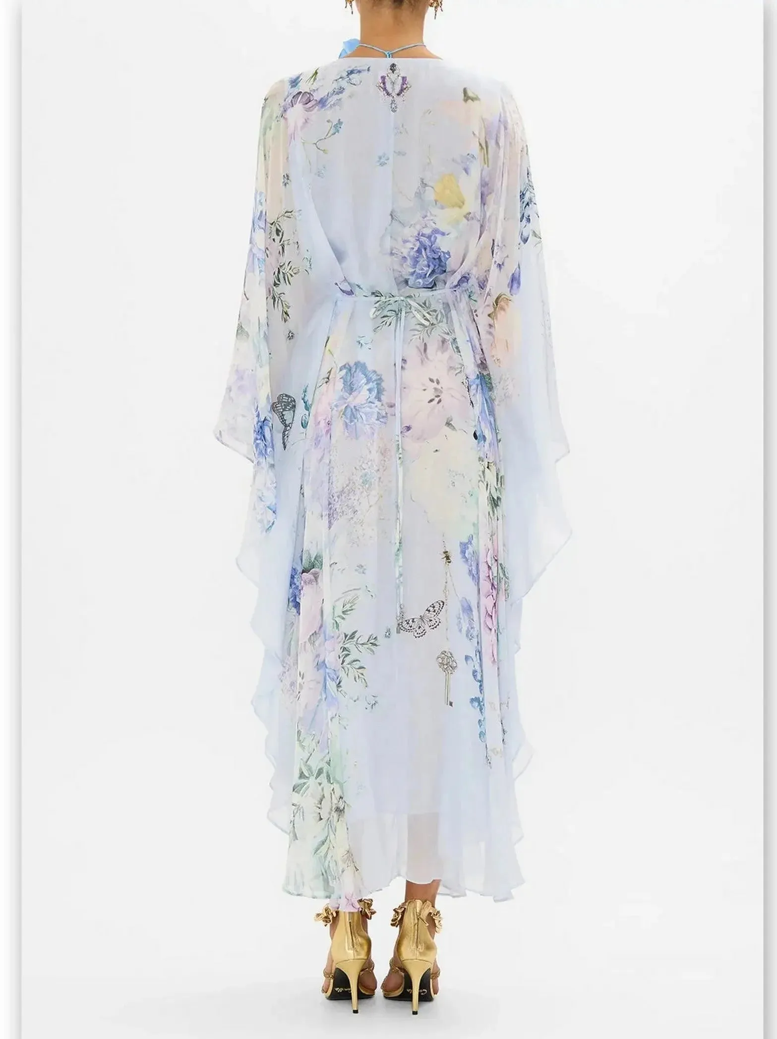 Butterfly and Floral Printed Long Light Blue Kaftan Dress with Waist Detail