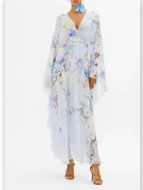 Butterfly and Floral Printed Long Light Blue Kaftan Dress with Waist Detail