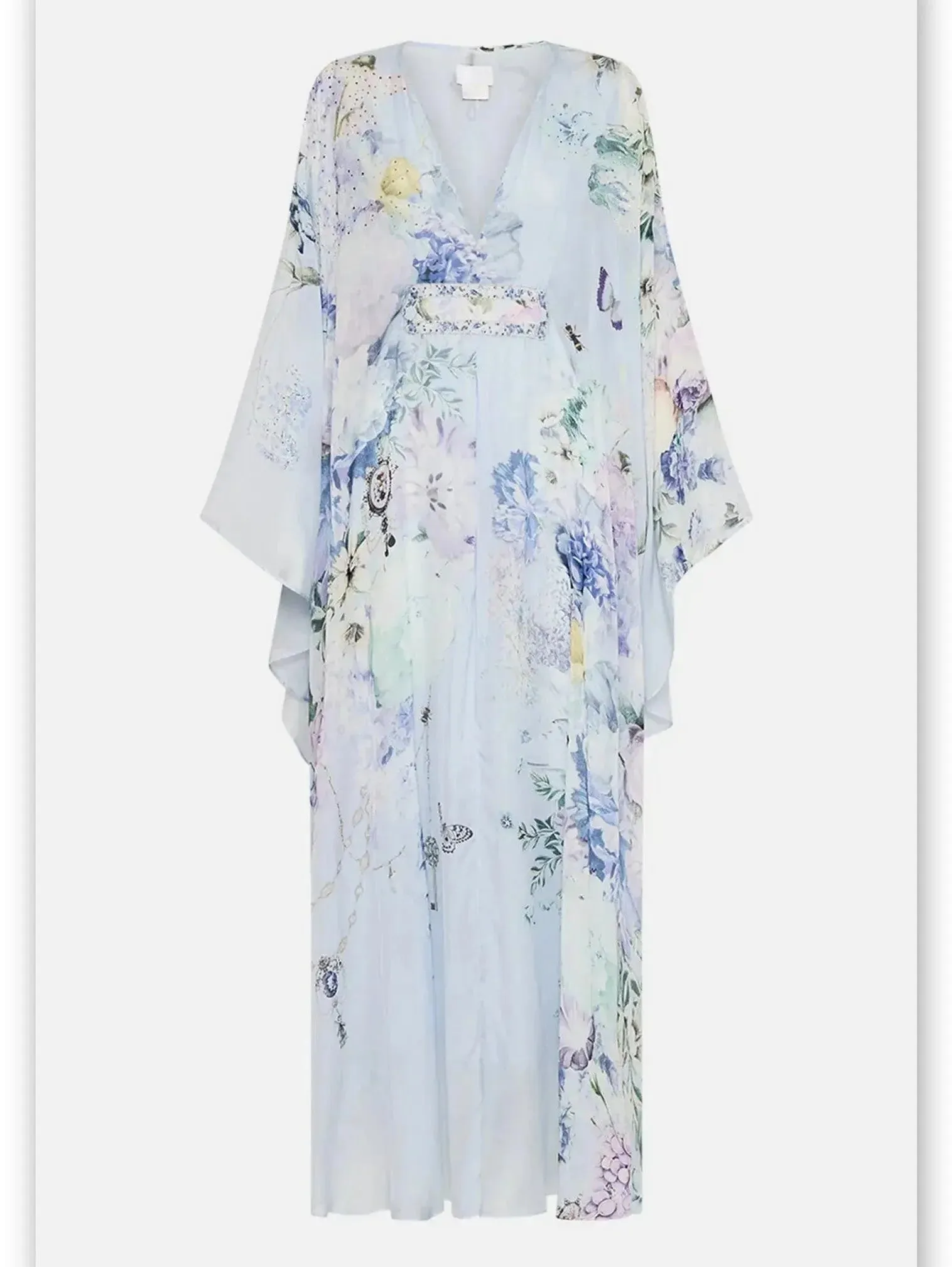 Butterfly and Floral Printed Long Light Blue Kaftan Dress with Waist Detail