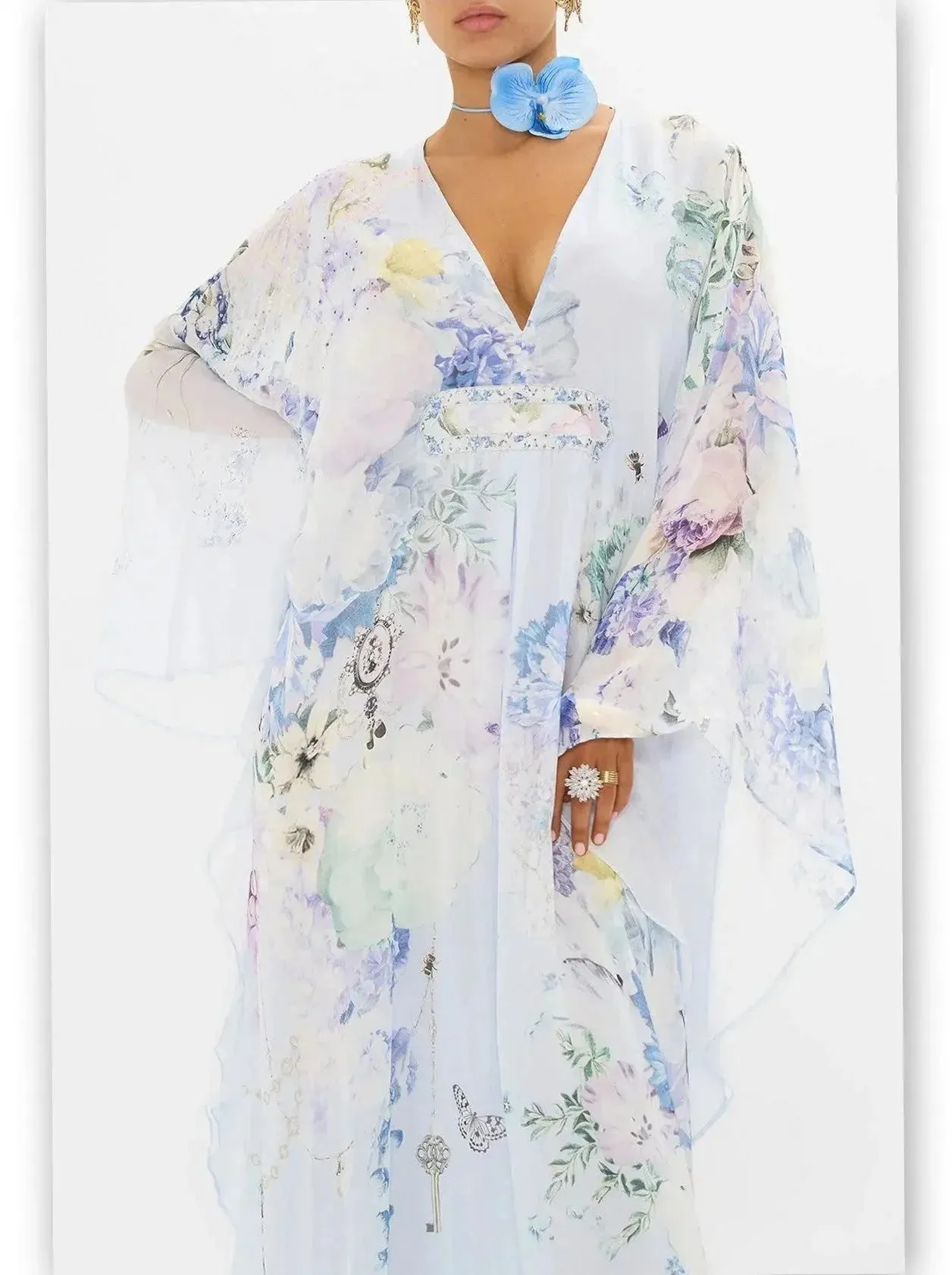 Butterfly and Floral Printed Long Light Blue Kaftan Dress with Waist Detail