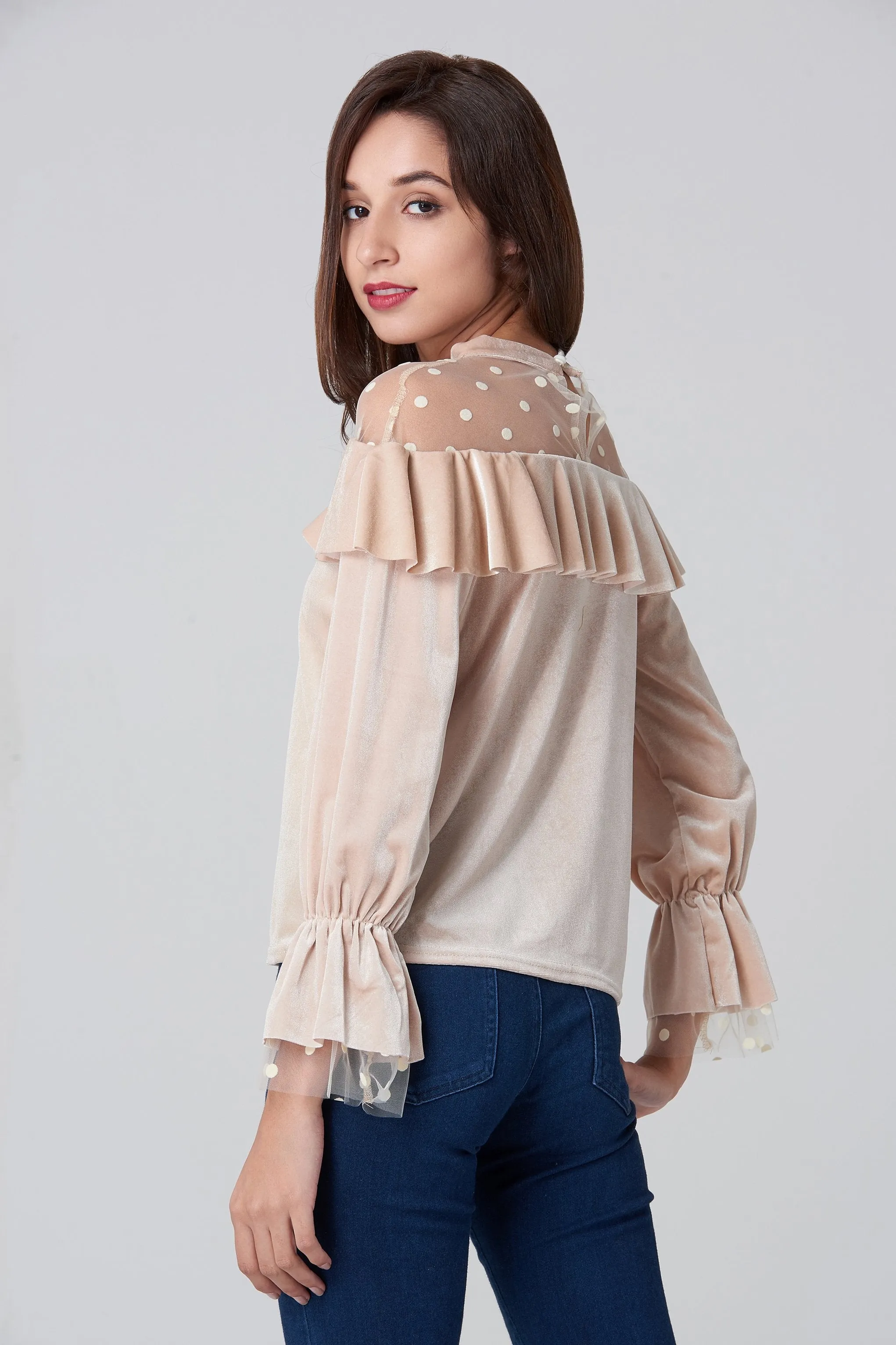 Champagne Velvet Sheer Polka dot Yoke Bardot Top