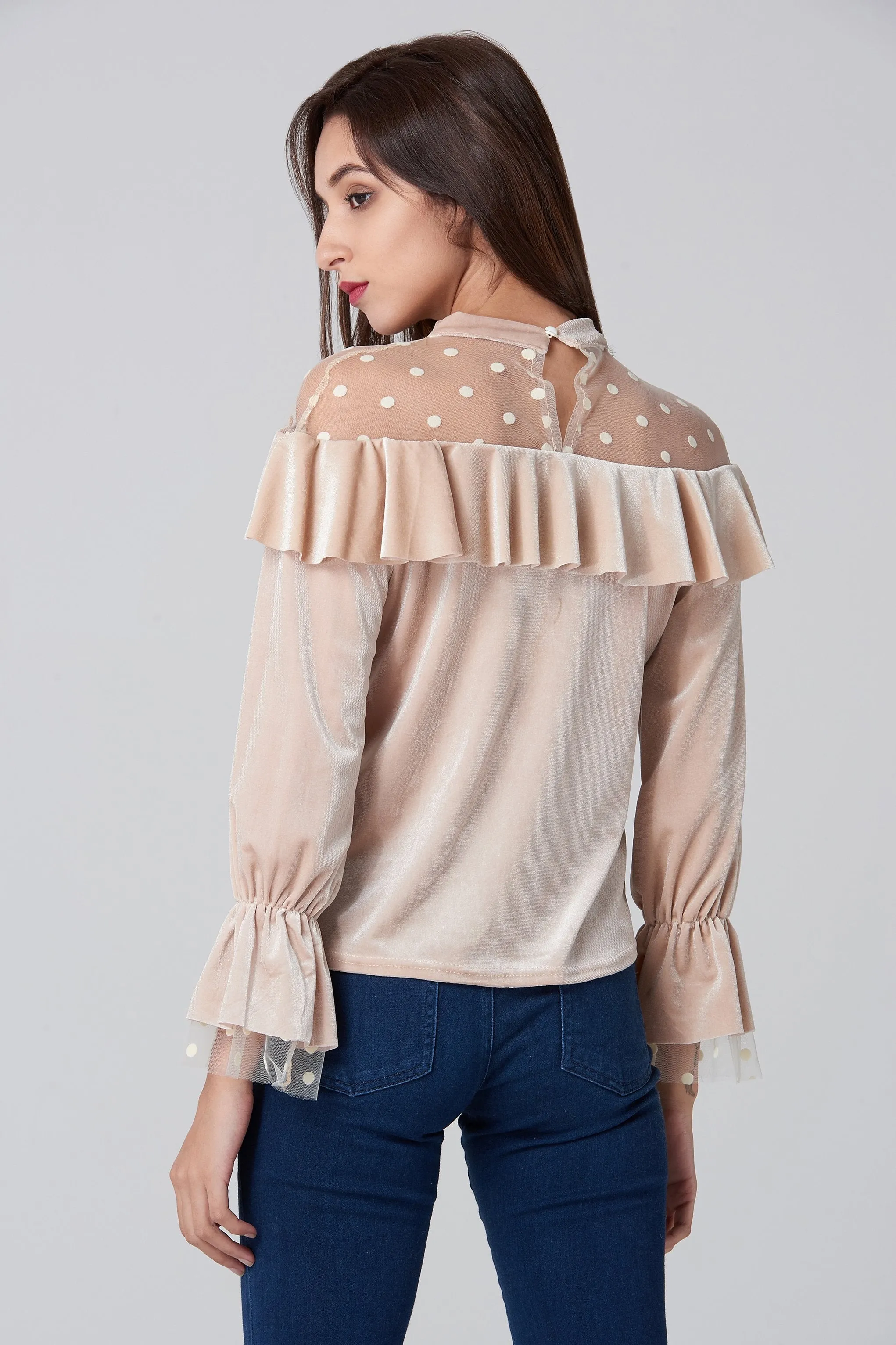 Champagne Velvet Sheer Polka dot Yoke Bardot Top