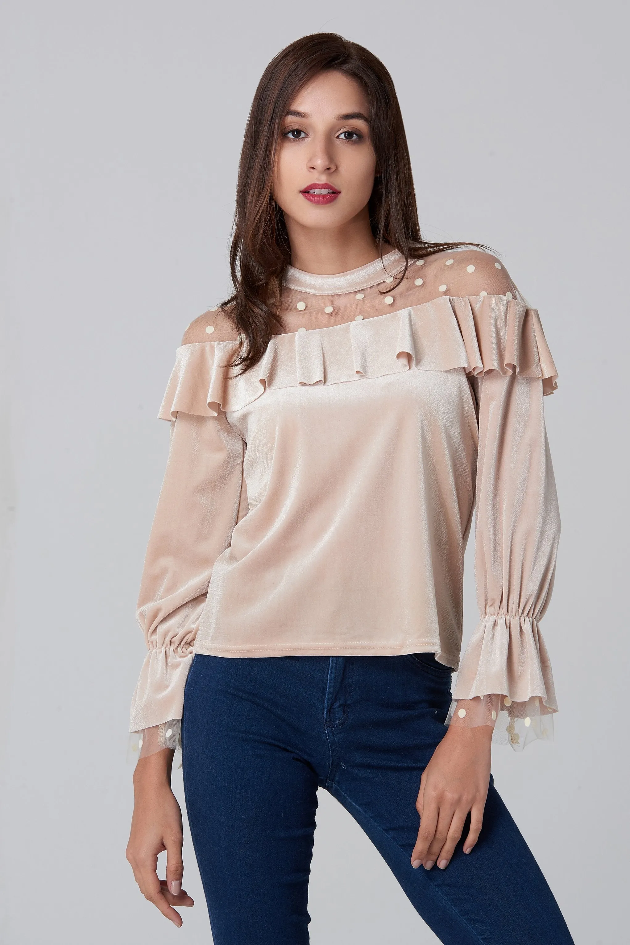 Champagne Velvet Sheer Polka dot Yoke Bardot Top