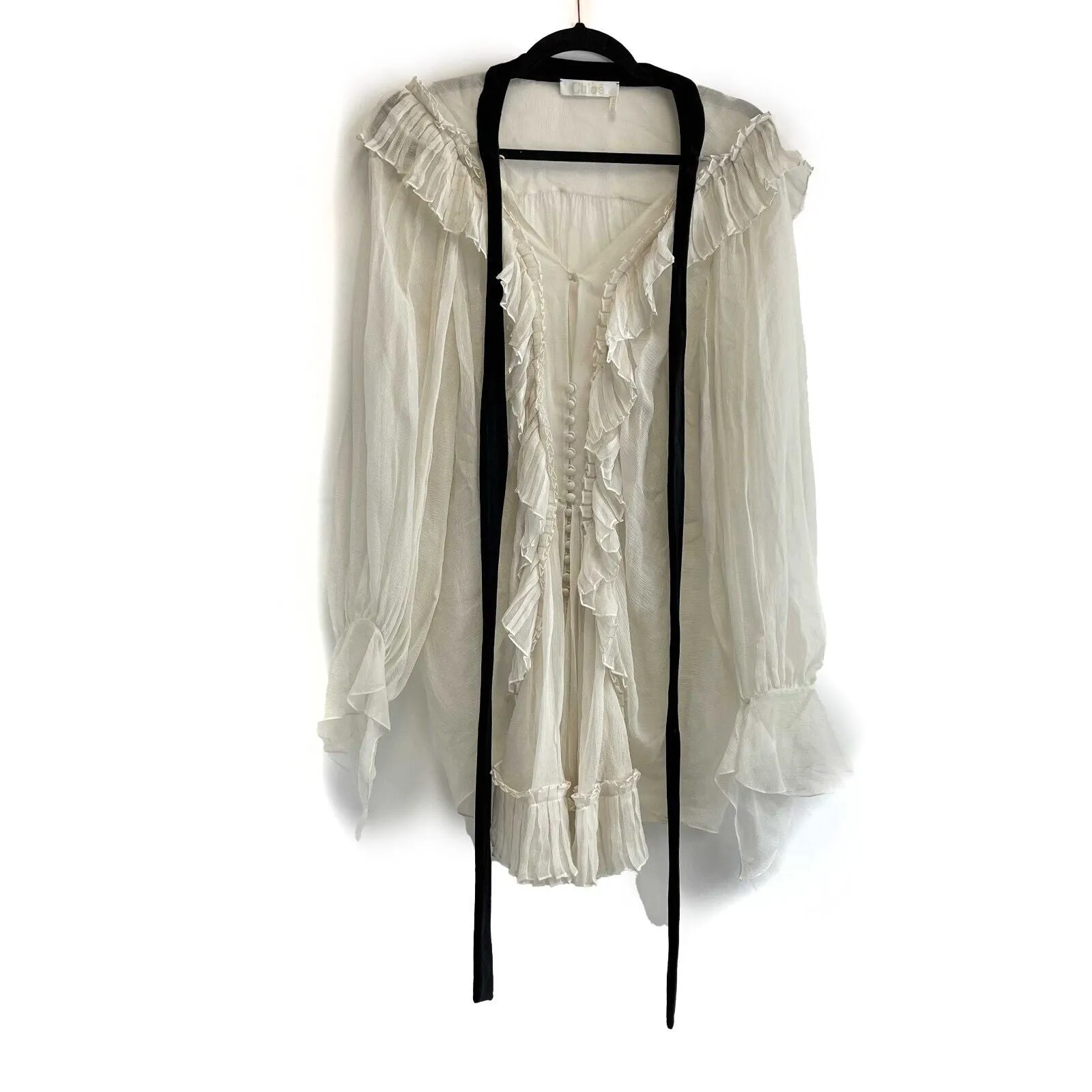 Chloe Long Sleeve Ruffle Silk Trim Tie Neck Blouse Cream 36 US 0