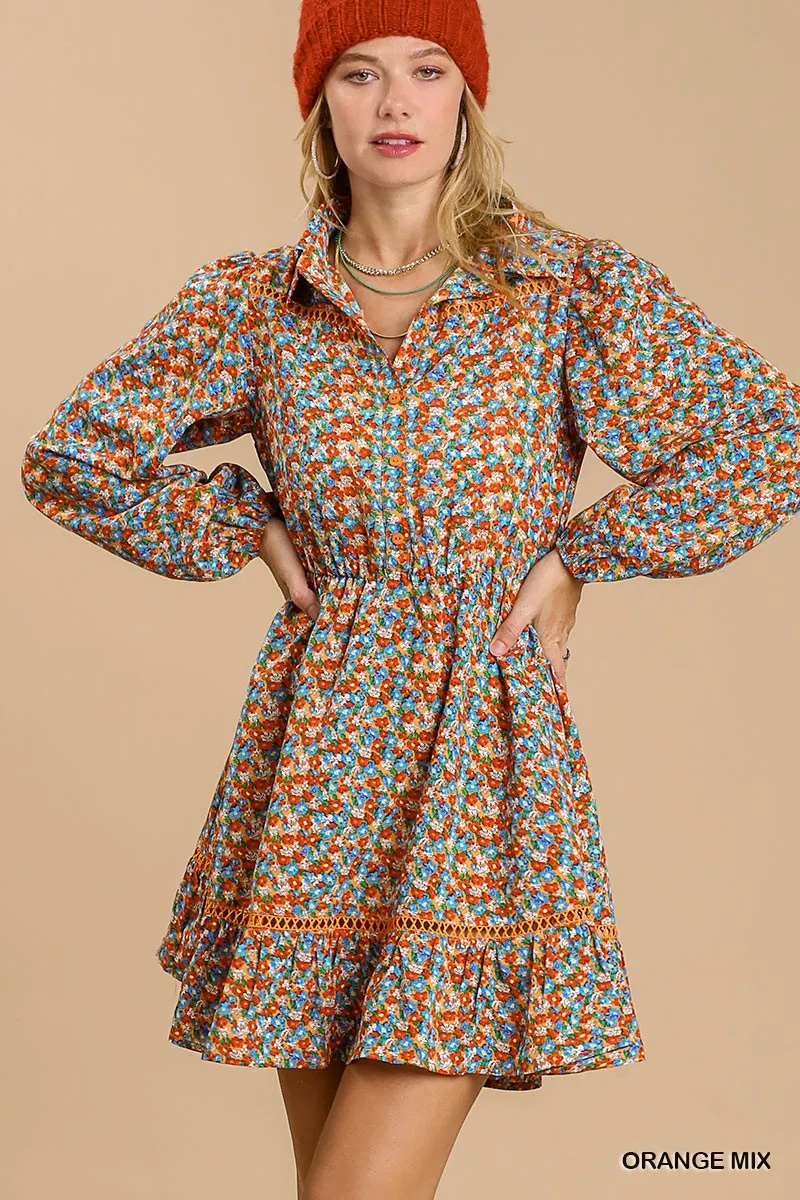Collared Floral Crochet Dress - Ships from The US