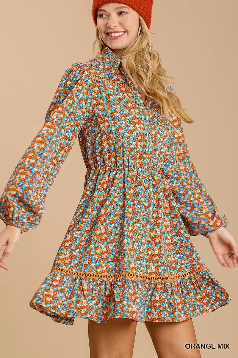 Collared Floral Crochet Dress - Ships from The US