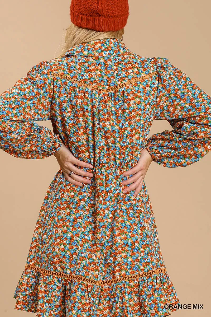 Collared Floral Crochet Dress - Ships from The US