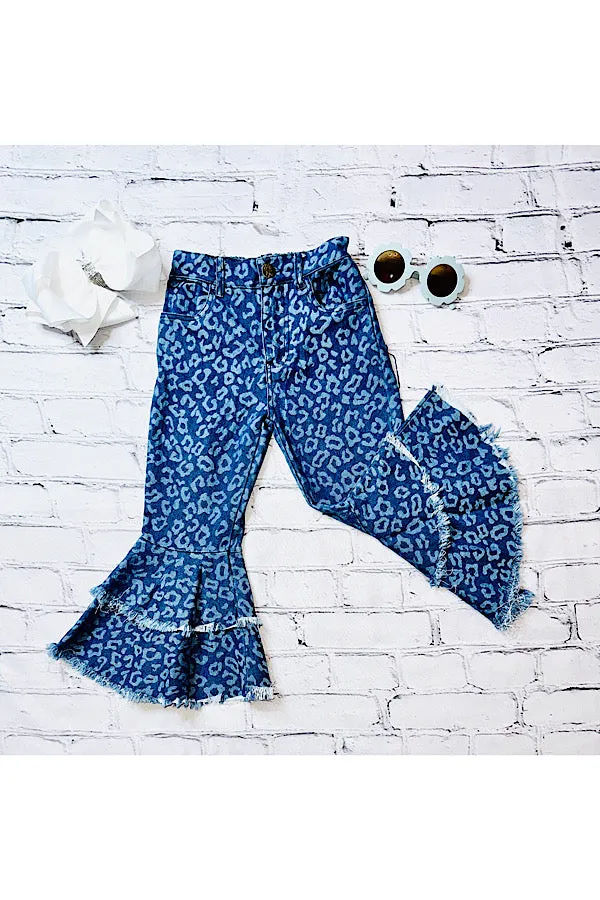 Dark blue cheetah print double flare bell bottoms