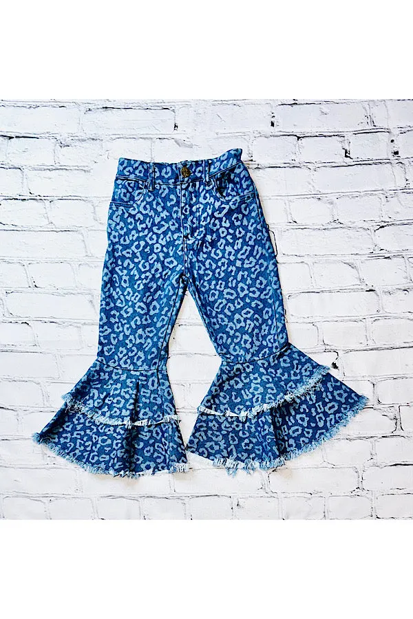 Dark blue cheetah print double flare bell bottoms