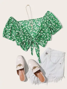 Ditsy Floral Polka Dot Tie Front Top